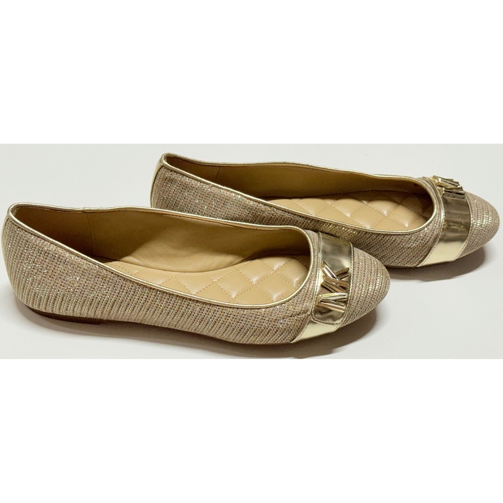 Michael Kors Lillie Gold Glitter Ballet Flats MK Logo Shoes Womens Size 7M PV23D